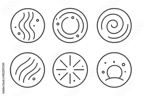 Harmonic Vapor Icons. Line style vector icons of Harmonic Vapor: curved dust trails, circular rhythm, glowing flow, soft motion,