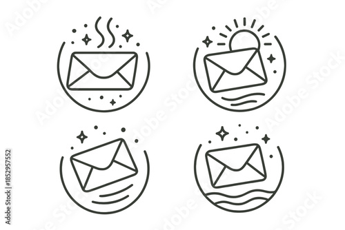 Dreamy Envelope Icons. Line style vector icons of Dream Letters: curved envelopes, glowing dust, radiant circles, floating motion,