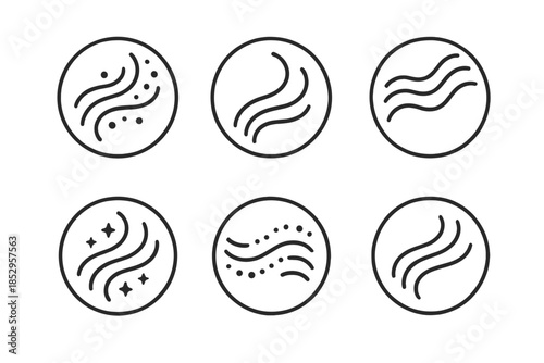 Whispering Scent Icons. Line style vector icons of Whisper Scent: curved trails, glowing dust, air waves, luminous rhythm, soft