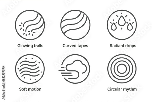 Echoed Emotion Icons. Line style vector icons of Echoed Emotion: glowing trails, curved tapes, radiant drops, layered dust, soft