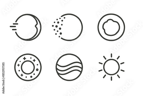 Collapsed Light Icons. Line style vector icons of Collapsed Light: curved motion, fading particles, hollow energy, glowing dust,