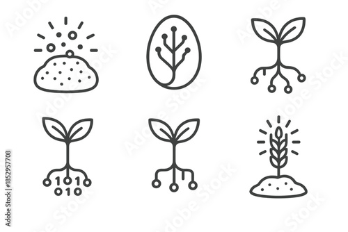 Futuristic Plant Icons. Line style round vector icons of Synthetic Growth: luminous grain, neural seed, electric root, data stem,