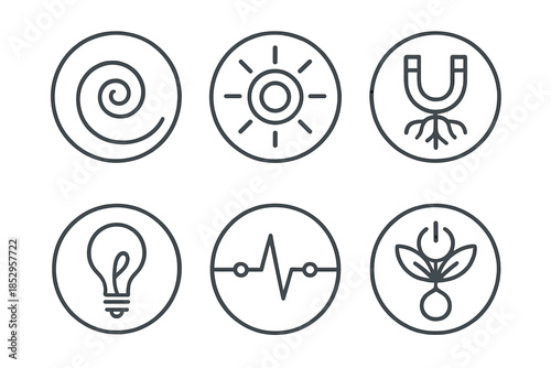 Electric Origin Icons. Line style round vector icons of Electric Origin: energy spiral, glowing core, magnetic root, light thread,