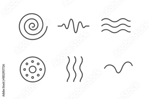 Subtle Energy Icons. Line style round vector icons of Subtle Energy: radiant swirl, pulsing line, thermal wave, glowing pattern,