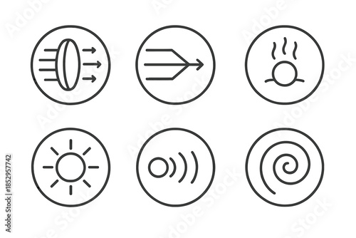 Thermal Reflection Icons. Line style round vector icons of Thermal Reflection: radiant lens, focused ray, molten point, luminous