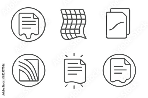 Soft Documentation Icons. Line style round vector icons of Soft Documentation: melting text, bending grid, paper layer, curved