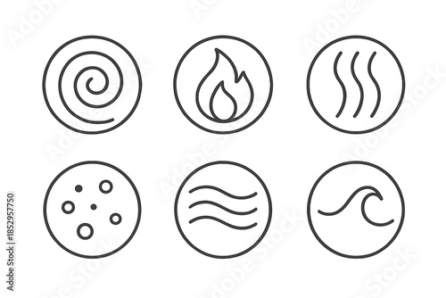 Ember Air Icons. Line style round vector icons of Ember Air: warm spiral, soft flame, drifting heat, luminous current, glowing