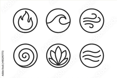 Crimson Breeze Icons. Line style round vector icons of Crimson Breeze: flowing flame, red wave, warm gust, glowing swirl, radiant