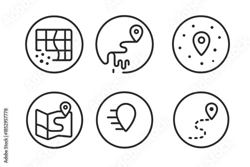 Vanishing Maps Icons. Line style round vector icons of Vanishing Maps: dissolving grid, melting direction, scattered points, quiet