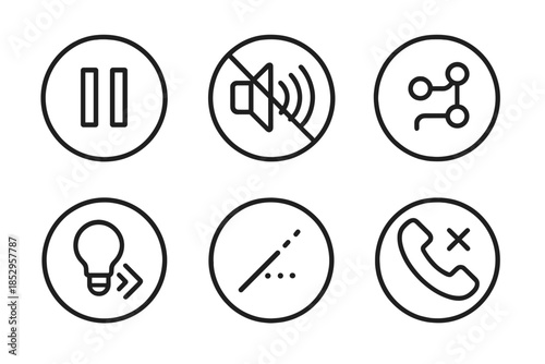 Silent Transmission Icons. Line style round vector icons of Silent Transmission: paused current, muted ripple, dim circuit, slow