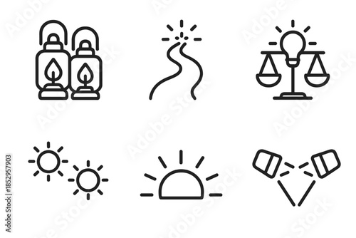 Dual Glow Lanterns. Line style round vector icons of Dual Glow: paired lanterns, luminous path, balanced light, twin halos,