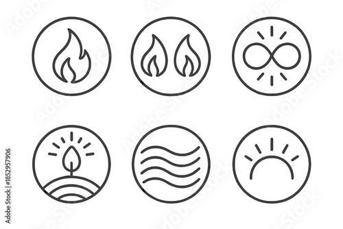 Eternal and Parallel Glow. Line style round vector icons of Eternal Lights: endless flame, twin glow, luminous loop, radiant beam,