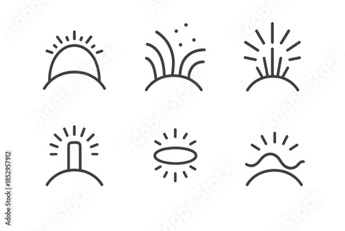 Magnetic Field Icons. Line style round vector icons of Magnetic Horizon: glowing field, polar curve, radiant beam, charged edge,