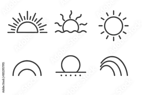 Solar Horizon Icons. Line style round vector icons of Solar Horizon: radiant beam, magnetic flare, luminous ring, energy arc,