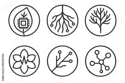 Organic Circuit Icons. Line style round vector icons of Organic Circuits: leaf chip, neural root, electric vein, pulse flower,