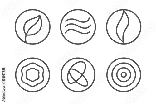 Metallic Spirit Icons. Line style round vector icons of Metallic Spirit: chrome leaf, reflective wind, polished curve, breathing