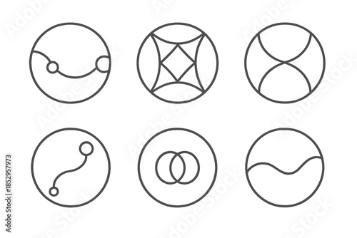 Ethereal Line Connections. Line style round vector icons of Ethereal Connection: linking lines, balanced web, calm intersection,