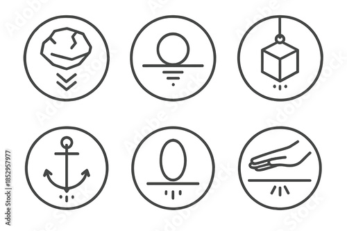 Invisible Weight Icons. Line style round vector icons of Invisible Weight: floating stone, balanced sphere, suspended cube, light