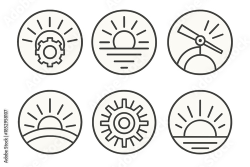 Mechanical Dawnlight Icons. ine style round vector icons of Mechanical Dawnlight: rising gear, glowing sun, rotating beam,
