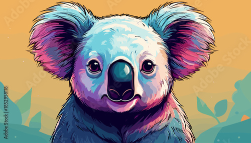 Colorful Koala Portrait with Expressive Eyes and Fluffy Ears.