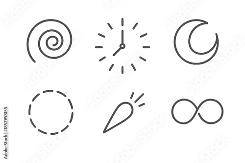 Chrono Art Symbols. Line style round vector icons of Chrono Art: spiral brush, radiant clock, curved stroke, rhythmic ring,