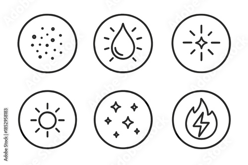 Neon Residue Icons. Line style round vector icons of Neon Residue: digital dust, radiant drop, flickering point, soft shine,