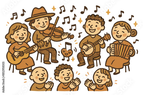 Joyful Music Gathering. Adorable doodle folk music gathering with smiling musicians, cartoon instruments bouncing, cheerful