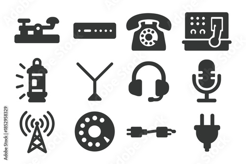 Retro Communication Icons. Solid style icons of Retro Communication: Telegraph Key, Morse Code Strip, Rotary Phone, Switchboard,