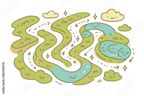 Cartoon River Dynamics. Magical doodle floodplain dynamics with cheerful rivers, cartoon oxbow lakes forming, smiling banks, and