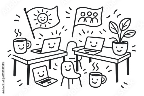 Playful Office Doodles. Cheerful doodle office scene with smiling desks, laptops with faces, coffee mugs grinning, motivational