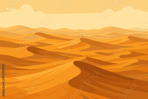 Golden Desert Dunes. Expansive desert landscape with golden sand dunes illuminated by soft golden light, serene vector