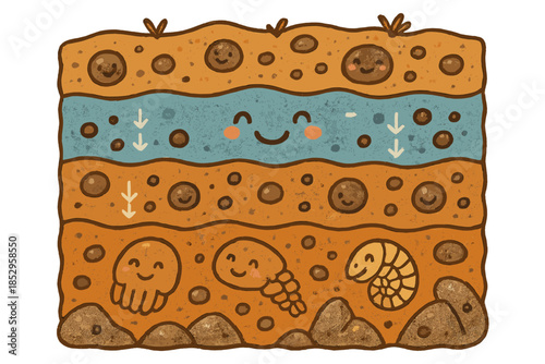 Joyful Fossil Preservation. Joyful doodle sediment burial illustration with happy fossils, cartoon layers of soil and rock,