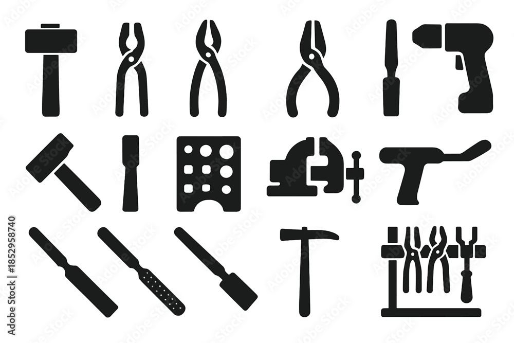 Obraz premium Forging Tools Icons. Solid style icons of Forging Tools: Hammer, Tongs, Pliers, Punch, Chisel, Swage Block, Vise, Drill, File,