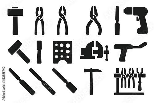 Forging Tools Icons. Solid style icons of Forging Tools: Hammer, Tongs, Pliers, Punch, Chisel, Swage Block, Vise, Drill, File,