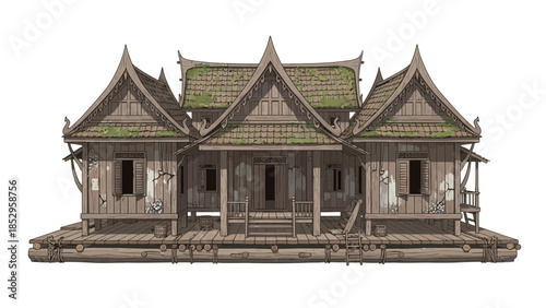 Traditional Thai house architecture isolated on white background