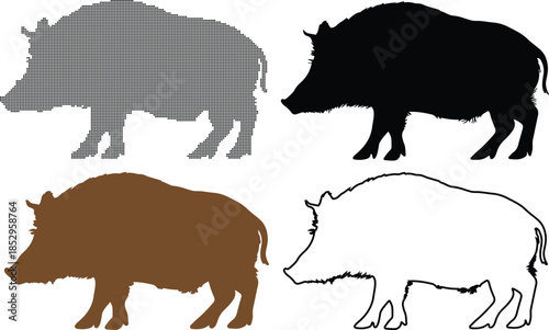 Four wild boar silhouettes in varied graphic styles, illustrating visual diversity in animal representation