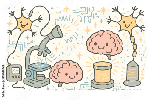 Whimsical Optogenetics Lab. Whimsical doodle futuristic optogenetics lab with smiling brain models, cartoon neurons firing with