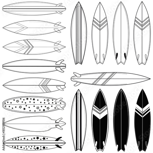 Surfboards Array: A collection of meticulously crafted surfboards, each embodying the spirit of aquatic adventure, inviting one to ride the waves.