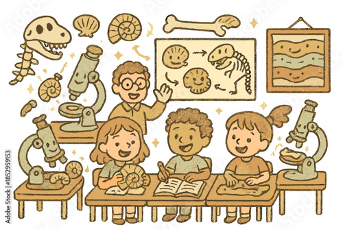 Whimsical Paleontology Classroom. Whimsical doodle paleontology classroom with happy students, cartoon fossils floating, smiling
