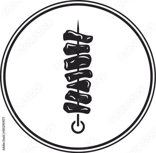 Meat skewer illustration icon in circular frame, representing food, cooking, grilling and barbecue concept, restaurant and kitchen design element, culinary art symbol.