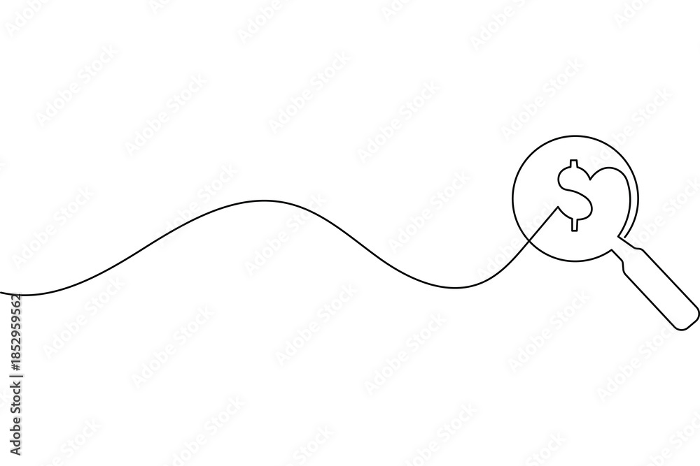 Fototapeta premium Continuous one line drawing of a magnifying glass over a dollar sign