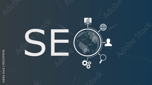 SEO Search Engine Optimization concept animation with white text and icons including globe, gear, chart, and magnifying glass over dark blue background for digital marketing and business strategy.