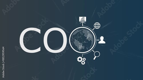 Global Corporate Carbon Footprint Concept with COO Text, Digital Earth Globe, and Business Icons Representing Environmental Impact, Sustainability Analytics, and International Green Governance