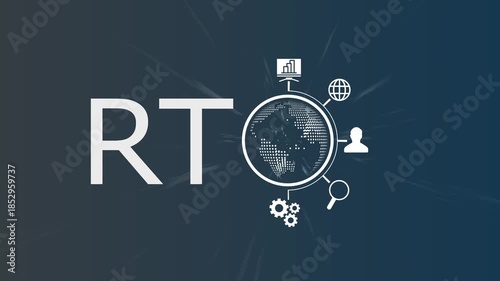 Global Business Solutions and Real-Time Data Analytics Concept: Digital World Globe with RTO Typography, Gears, Magnifying Glass, Network and Growth Icons on Professional Blue Background for Fintech