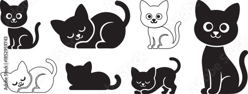 Cute Cat Set. Black and White Kitten Silhouette Illustrations. 