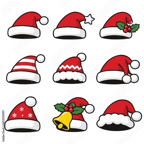 Santa Hat Icons Set – Minimal Flat Christmas Hat Vector Collection