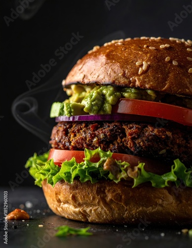Close-Up Plant-Based Burger, Juicy Toppings, Studio Lighting
