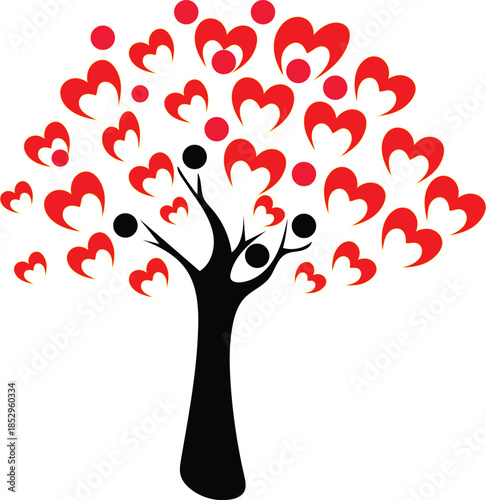 Joyful Heart Tree Illustration Depicting Affectionate Foliage Symbolizing Love With Whimsical Ornate Design In Playful Romantic Theme With Black Branches