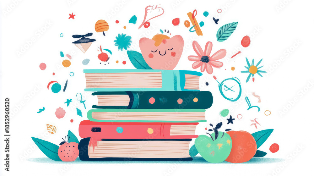 Fototapeta premium Whimsical illustration of colorful stack of textbooks with fruit, flowers, and smiling character, representing joy of learning and education in playful doodle style.