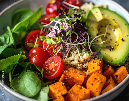 Detailed Close-up of a Vibrant Plant-Based Salad Bowl